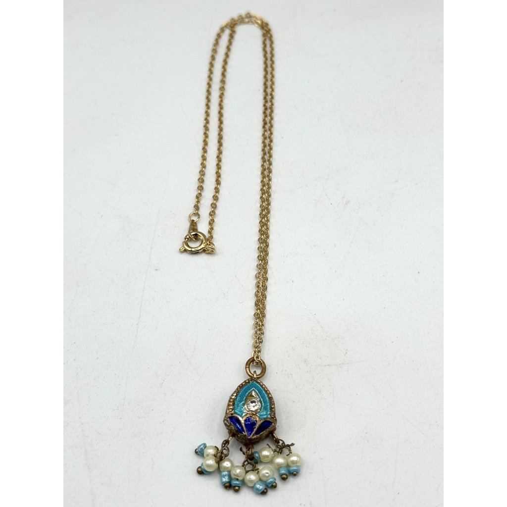 Vintage Blue Cloisonn Enamel Pearl Charm Pendant Necklace